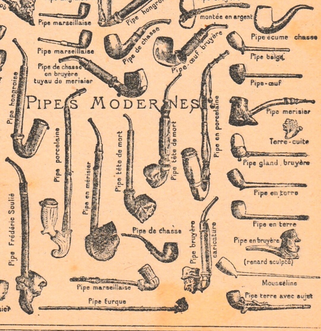Antique French Print Pipes Smoking Engraved Dictionary Book Page 1920s