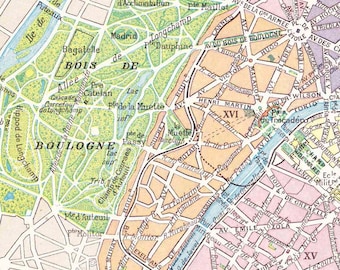 May include: A detailed vintage map of Paris, France, featuring the Bois de Boulogne park and surrounding streets. The map uses a color-coded system with green for parks and beige for urban areas. Street names and landmarks are clearly labeled.