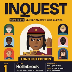 Può includere: Una copertina digitale gialla e blu scuro per i puzzle logici di mistero Inquest Witness Box, Libro 1, Long List Edition. Presenta un'illustrazione centrale di un musicista in uniforme bordeaux che tiene una tromba, circondato da sei ritratti.