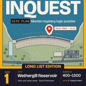 May include: A digital graphic titled INQUEST featuring a site plan of Wethergill Reservoir with a dam, valve tower, and parking lot. The layout includes numbered zones, a red location pin, and text indicating murder-mystery logic puzzles.