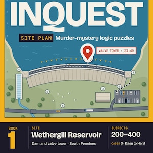 May include: A digital logic puzzle game titled INQUEST featuring a site plan of Wethergill Reservoir. The graphic shows a dam, a parking lot, and a red map pin labeled VALVE TOWER 21:40. The layout includes grid coordinates and text details.
