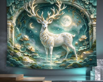 May include: A rectangular wall tapestry featuring a white deer with large golden antlers standing in a teal-toned landscape. The scene includes a full moon, a crescent moon, lotus flowers, and an ornate stone archway with intricate carvings.