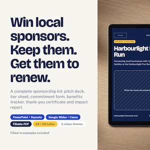 May include: A digital sponsorship kit template featuring the text Win local sponsors. Keep them. Get them to renew. The kit includes a pitch deck, tier sheet, commitment form, benefits tracker, certificate, and report in PowerPoint, Keynote, Google Slides, Canva, and PDF formats.