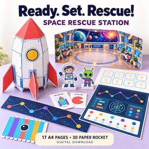 Puede incluir: Un set de estación de rescate espacial de papel que incluye un cohete 3D, un fondo de estación espacial, figuras de astronauta y alienígena, tarjetas de misión y tableros de juego. El texto dice Ready. Set. Rescue! SPACE RESCUE STATION y 17 A4 PAGES 3D PAPER ROCKET DIGITAL DOWNLOAD.