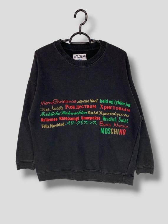 Moschino, Vintage 90s Moschino tricolor merry christmas wording sweatshirt designer pop art casual pullover sweater jumper black size Medium
