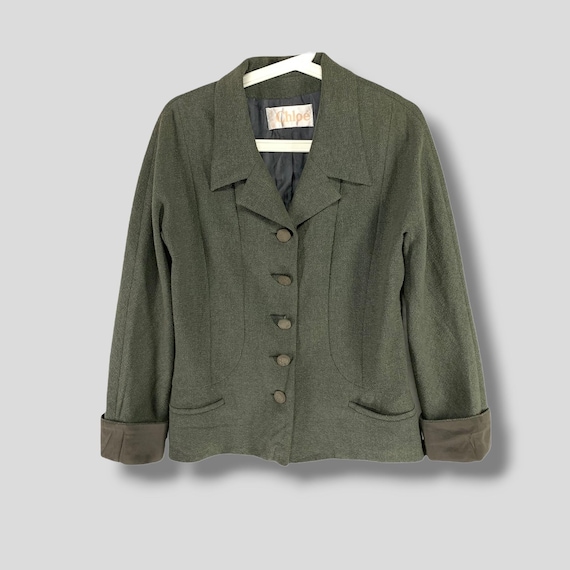 Chloé, Vintage Chloe tweed wool single breasted blazer designer preppy casual outerwear suit coat womenswear green size Small