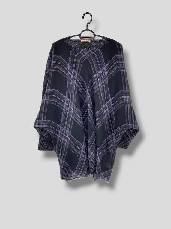 Issey Miyake, Rare vintage 70s Issey Miyake semi sheer raw edges bias cut plaid dress designer archive avantgarde geometric construction drape dress OSFA