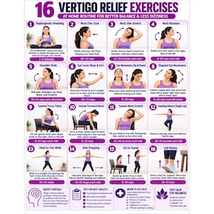 Könnte beinhalten: Ein weißes Poster mit dem Titel 16 Vertigo Relief Exercises, das sechzehn nummerierte Anleitungsfelder mit violetten Überschriften enthält. Jedes Feld zeigt eine Person in einem violetten Tanktop bei der Ausführung von Bewegungen, ergänzt durch Textanweisungen und Wiederholungszahlen.