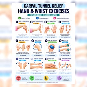 May include: An instructional chart titled Carpal Tunnel Relief Hand & Wrist Exercises featuring twelve numbered illustrations of hand and wrist movements, including wrist flexion, extension, fist clenching, thumb pinches, and ball squeezes.