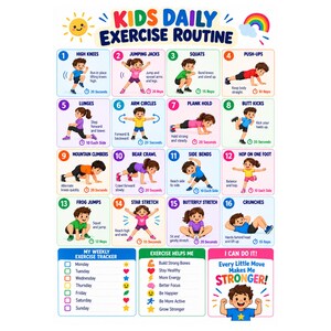 Puede incluir: Un cartel de Kids Daily Exercise Routine con dieciséis ilustraciones numeradas de niños realizando diversas actividades físicas. El póster incluye un rastreador semanal, una lista de beneficios para la salud y el texto I CAN DO IT!