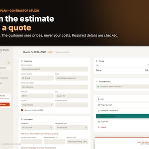 May include: A digital interface for Contractor Studio displaying a quote creation screen with fields for customer details, document dates, and totals. The text reads: Turn the estimate into a quote. One click. The customer sees prices.