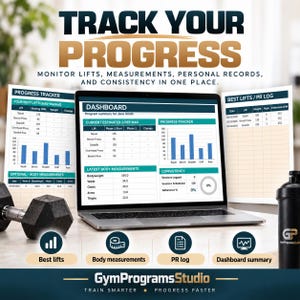 May include: A laptop displaying a digital fitness dashboard with charts and tables for tracking lifts, body measurements, and personal records. The screen shows text including TRACK YOUR PROGRESS, DASHBOARD, and GymProgramsStudio, alongside a dumbbell and shaker bottle.
