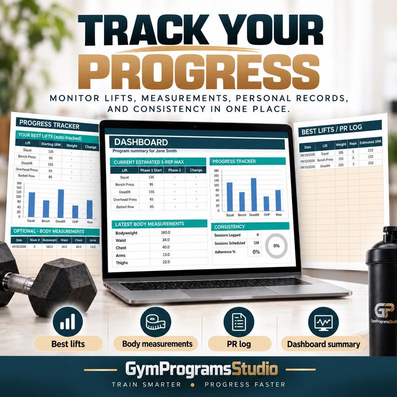 May include: A laptop displaying a digital fitness dashboard with charts and tables for tracking lifts, body measurements, and personal records. The screen shows text including TRACK YOUR PROGRESS, DASHBOARD, and GymProgramsStudio, alongside a dumbbell and shaker bottle.