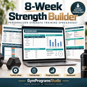 Könnte beinhalten: Eine digitale 8-Week Strength Builder Tabellenkalkulation auf einem Laptop-Bildschirm mit Dashboard, Trainingsprotokollen und Fortschrittsverfolgung. Die Benutzeroberfläche enthält Bereiche für Körpermaße, Krafttraining-Tracking und Einrichtung durch GymProgramsStudio.