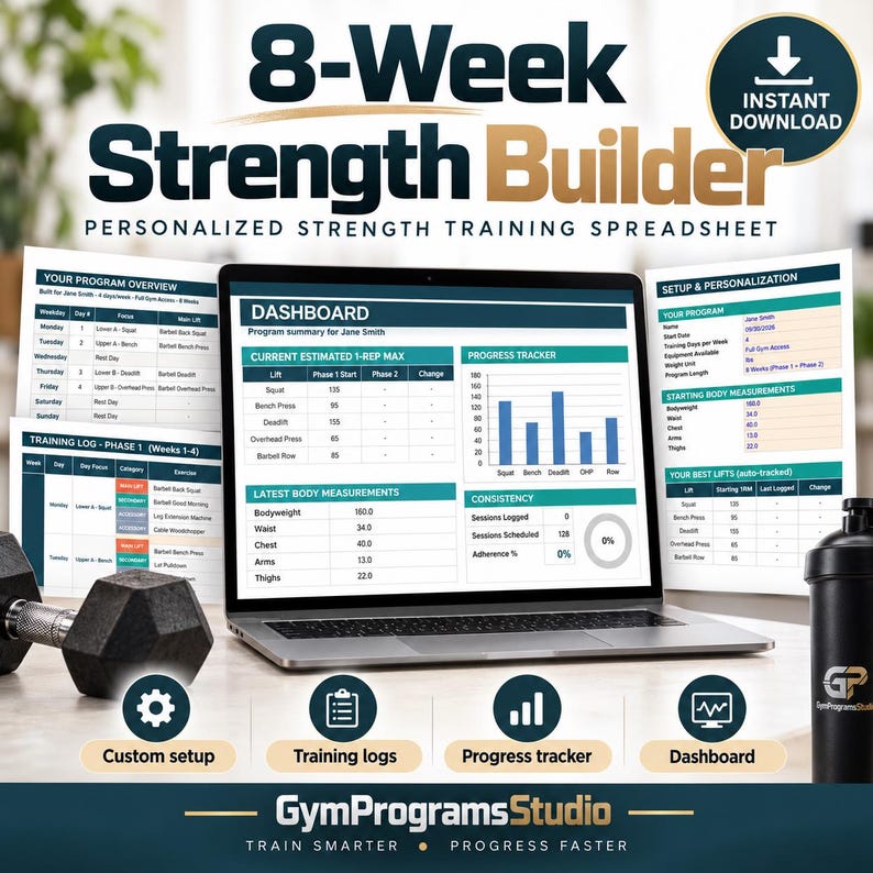 May include: A digital 8-Week Strength Builder spreadsheet displayed on a laptop screen, featuring a dashboard, training logs, and progress tracker. The interface includes sections for body measurements, lift tracking, and program setup by GymProgramsStudio.
