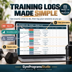 May include: A laptop screen displaying a training log spreadsheet with columns for week, day, category, exercise, and prescription. The text reads Training Logs Made Simple, Weeks 1-4 + 5-8, and GymProgramsStudio. Labels point to main lift, secondary work, accessory exercises, session notes, and clear prescription.