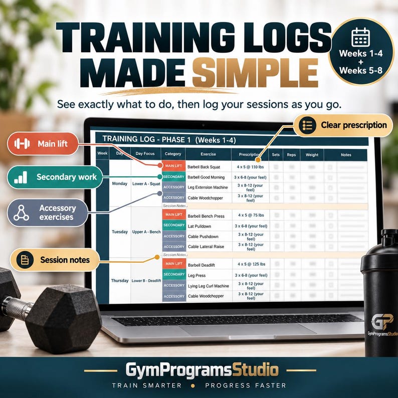 May include: A laptop screen displaying a training log spreadsheet with columns for week, day, category, exercise, and prescription. The text reads Training Logs Made Simple, Weeks 1-4 + 5-8, and GymProgramsStudio. Labels point to main lift, secondary work, accessory exercises, session notes, and clear prescription.