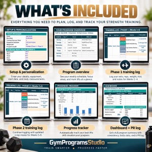 May include: A digital strength training program interface displayed on six laptop screens. The layout includes sections for setup, program overview, phase 1 and 2 training logs, a progress tracker, and a dashboard for tracking body measurements and lifts.