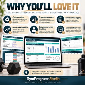 May include: A digital strength training program displayed on a laptop screen, featuring a dashboard with progress charts, workout logs, and body measurement tracking. The interface includes sections for setup, best lifts, and training phases by GymProgramsStudio.