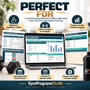 May include: A digital fitness spreadsheet displayed on a laptop screen, featuring a dashboard with a bar chart, progress tracker, and body measurement logs. The layout includes program overview and training log documents, a black dumbbell, and a shaker bottle.