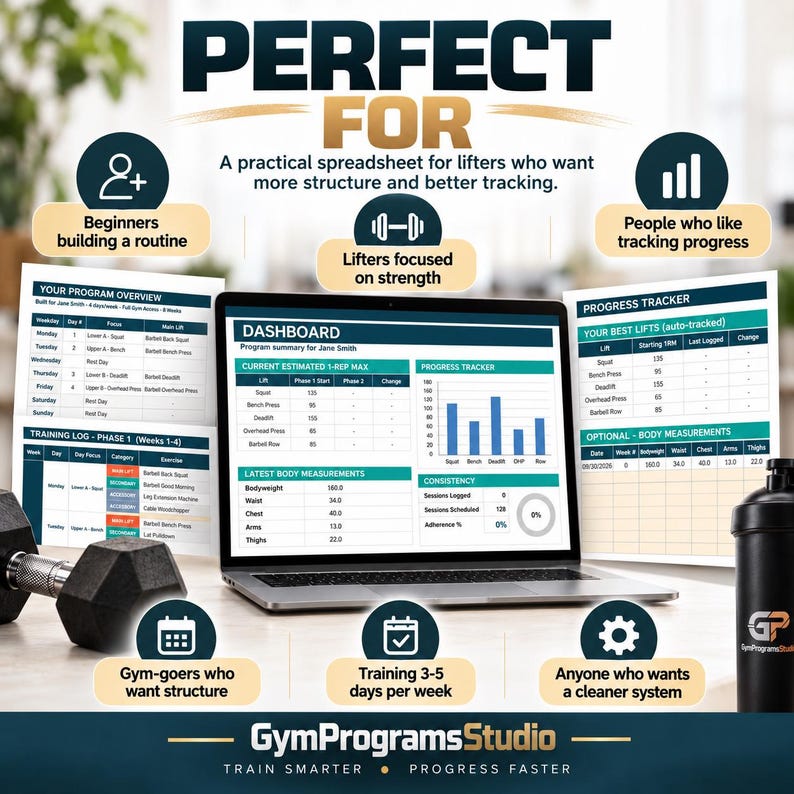 May include: A digital fitness spreadsheet displayed on a laptop screen, featuring a dashboard with a bar chart, progress tracker, and body measurement logs. The layout includes program overview and training log documents, a black dumbbell, and a shaker bottle.