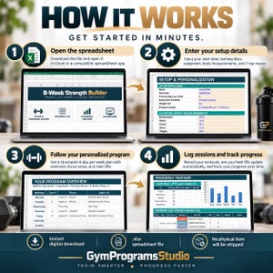 May include: An infographic titled HOW IT WORKS GET STARTED IN MINUTES showing four steps for a digital strength training spreadsheet. It displays laptop screens with Excel interfaces, including setup, program overview, and progress tracker charts.