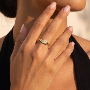 Personalized Dainty Engraved Script Initial Oval Tapered Signet Ring, Sterling Silver, 14K Gold, Monogram Letter, Stackable Band