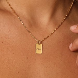Personalized Dainty Minimalist Engraved Script Name Rectangle Tag Pendant Necklace, Sterling Silver, 14K Gold, Box Chain, Layering