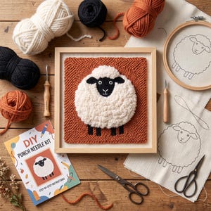 Può includere: Un kit punch needle con un'opera tessile quadrata incorniciata raffigurante una pecora bianca con il muso nero su sfondo color ruggine, accompagnata da gomitoli di lana, un telaio da ricamo con disegno di pecora, attrezzi e un libretto.