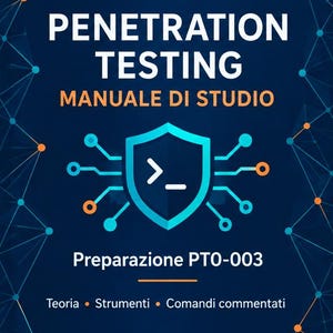 May include: A dark blue study guide titled AndrewStuffs PENETRATION TESTING MANUALE DI STUDIO Preparazione PT0-003 Teoria Strumenti Comandi commentati Guida indipendente in italiano Materiale non ufficiale with a central shield icon and network lines.