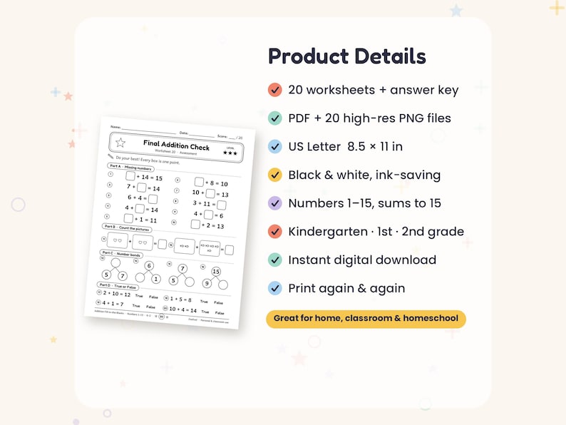 Math Addition Worksheets, 20 Printable Fill in the Blanks Pages ...