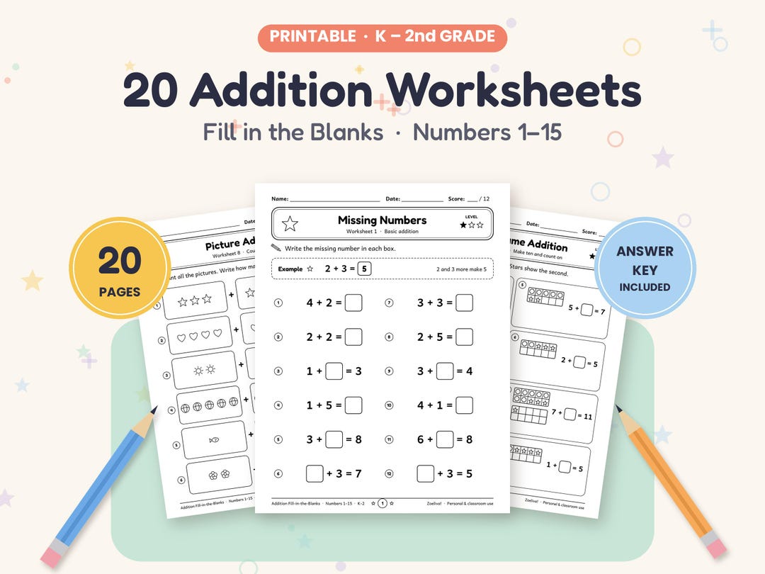 Math Addition Worksheets, 20 Printable Fill in the Blanks Pages ...