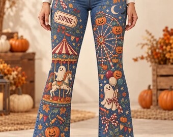 Personalized Pumpkin Jeans, Women's Halloween Bootcut Denim with Custom Name, Vintage Carnival Print