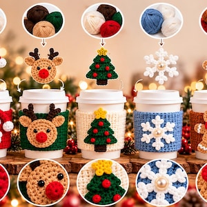 May include: Five white disposable coffee cups featuring crocheted sleeves with holiday designs: a Santa Claus, a reindeer, a Christmas tree, a white snowflake, and a gingerbread person. Each sleeve is paired with matching yarn balls and close-up details.