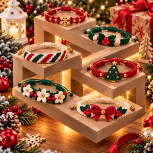 May include: Six adjustable macrame bracelets featuring holiday themes including a gold snowflake, green holly with red berries, red and green candy cane stripes, a green Christmas tree, white poinsettia flowers, and a red bow with holly berries.