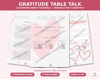 May include: A printable party game pack titled Gratitude Table Talk, featuring three white pages with pink heart graphics. The text includes game instructions, a scoreboard, and lists of games like Gratitude Story Chain, Harvest Feast Memory Tray, and Thanksgiving Truths & Tales.