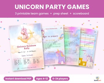 May include: A set of printable Unicorn Rainbow Rally party game sheets featuring a pink and yellow color palette. The documents include a title page, a preparation sheet, instructions, and a scoreboard, all decorated with unicorn illustrations.