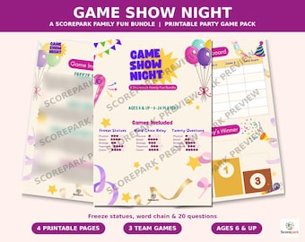 May include: A printable party game pack titled Game Show Night featuring four pages with colorful graphics of balloons, stars, and streamers. The text includes Game Show Night, A Scorepark Family Fun Bundle, Ages 6 & Up, 6-24 Players, and lists games like Freeze Statues, Word Chain Relay, and Twenty Questions.
