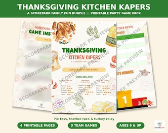 May include: A printable Thanksgiving Kitchen Kapers party game bundle featuring three pages with illustrations of a roasted turkey, cooking oil, flour, sugar, and butter. The text includes game titles, instructions, and scoreboards.