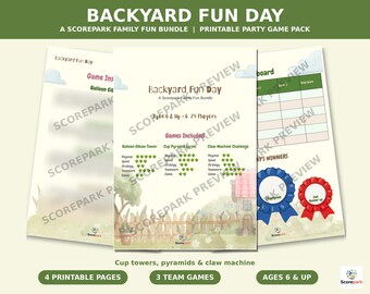 May include: A printable party game pack titled Backyard Fun Day, featuring four pages of instructions and scorecards for three team games. The pages include game titles, skill ratings, and illustrations of blue and red award ribbons.