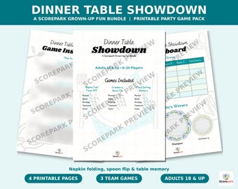 May include: A printable party game pack titled Dinner Table Showdown featuring four pages with game instructions, a list of games including Napkin Fold Face-Off, Cranberry Spoon Flip, and Place Setting Memory, plus a scoreboard for 6-24 players.