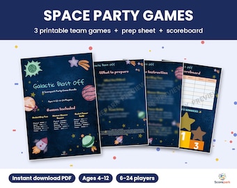 May include: A set of printable space-themed party game sheets featuring a dark blue background with planets, stars, and rockets. The text includes "SPACE PARTY GAMES," "Galactic Blast Off," "What to prepare," "Game Instruction," and "Scoreboard."
