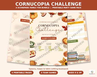 May include: A printable party game pack titled Cornucopia Challenge, featuring three team games for ages 6 and up. The pages include illustrations of pumpkins, autumn leaves, candles, pies, and a stack of plates, with game instructions and scoreboards.