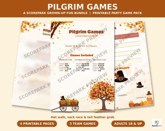 May include: A printable party game pack titled Pilgrim Games featuring autumn-themed graphics including a tree with orange leaves, a wooden cart with pumpkins, and pilgrim hats. The pages list game details for adults 18 and up.