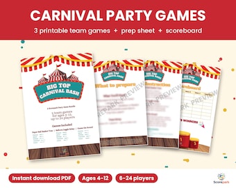 May include: A set of four printable carnival party game sheets featuring red and white striped tent graphics. The text reads Big Top Carnival Bash, What to prepare, Instruction, and Scoreboard. The design includes a wooden floor pattern.