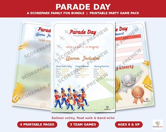 May include: A printable party game pack titled Parade Day, featuring three team games: Parade Balloon Volley, Parade Float Walk, and Marching Band Echo. The set includes four pages with game instructions, a scoreboard, and award ribbons.