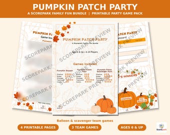 May include: A printable Pumpkin Patch Party game pack featuring three pages with orange and white pumpkin illustrations, autumn leaves, and text including Pumpkin Patch Party, A Scorepark Family Fun Bundle, and Games Included.