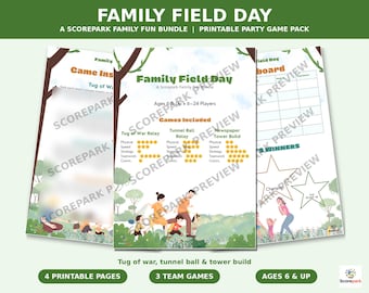 May include: A printable Family Field Day game pack featuring three pages with game instructions, a scoreboard, and activity lists. The design includes illustrations of people playing outdoors, tree graphics, and text for Tug of War, Tunnel Ball, and Newspaper Tower Build.