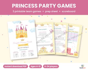 May include: A set of printable princess party games including a title sheet with a castle illustration, a preparation sheet, instructions, and a scoreboard. The documents feature yellow striped borders, crowns, and carriages.