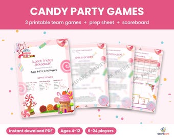 May include: A set of printable candy party game sheets featuring the title Sweet Treats Showdown, including a prep sheet, instructions, and a scoreboard. The pink-themed pages are decorated with illustrations of lollipops and cupcakes.